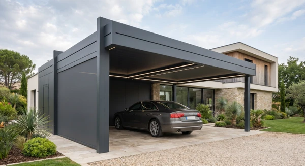 Carport aluminium gris ou anthracite de style moderne, de dimensions généreuses, installé devant une maison contemporaine, avec une voiture garée dessous. La structure doit être complète, fonctionnelle et visible sous la lumière naturelle du jour, montrant la qualité de la fabrication et l'intégration harmonieuse dans un environnement résidentiel.