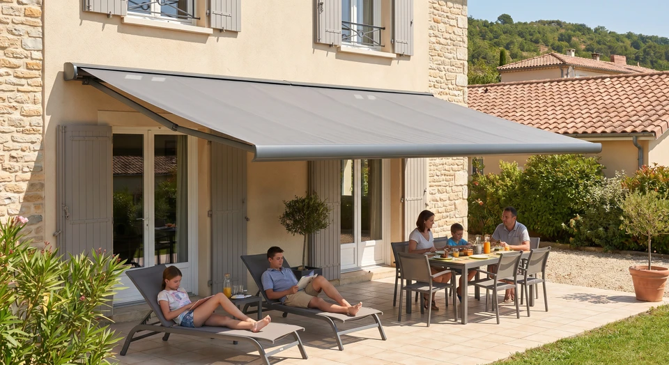 Une terrasse extérieure bien ensoleillée avec un store banne de couleur moderne (gris ou beige) déployé au-dessus d'une zone assise confortable. On voit une table de jardin, des chaises longues et des habitants tranquilles profitant de l'ombre créée par le store banne, avec une demeure résidentielle en arrière-plan. L'atmosphère est celle d'un espace de vie extérieur accueillant et protégé du soleil.