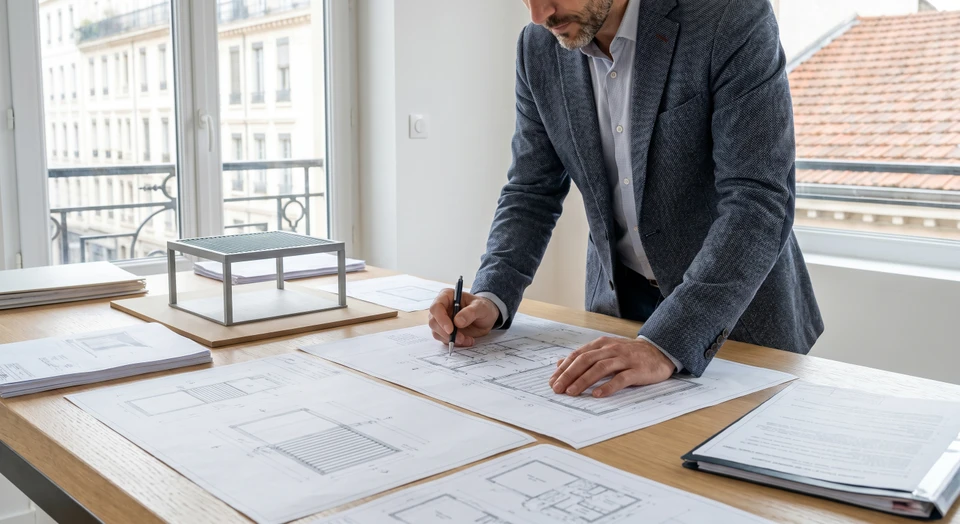 Gros plan d'une table de travail montrant des maquettes 3D ou plans techniques détaillés d'une pergola bioclimatique aluminium avec lames motorisées, accompagnés de documentation administrative, stylos et notes professionnelles. Un professionnel en tenue de bureau examines les plans avec concentration. L'image doit transmettre l'expertise, la rigueur et l'attention aux détails du processus d'étude.