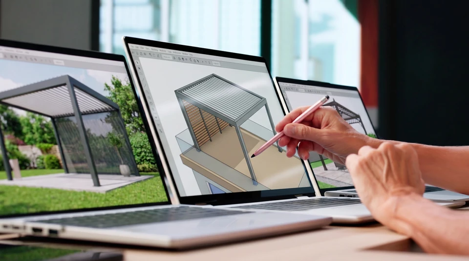 Illustration 3D d'un luxueux pont de teck en bois avec grill à gaz et mobilier de décoration