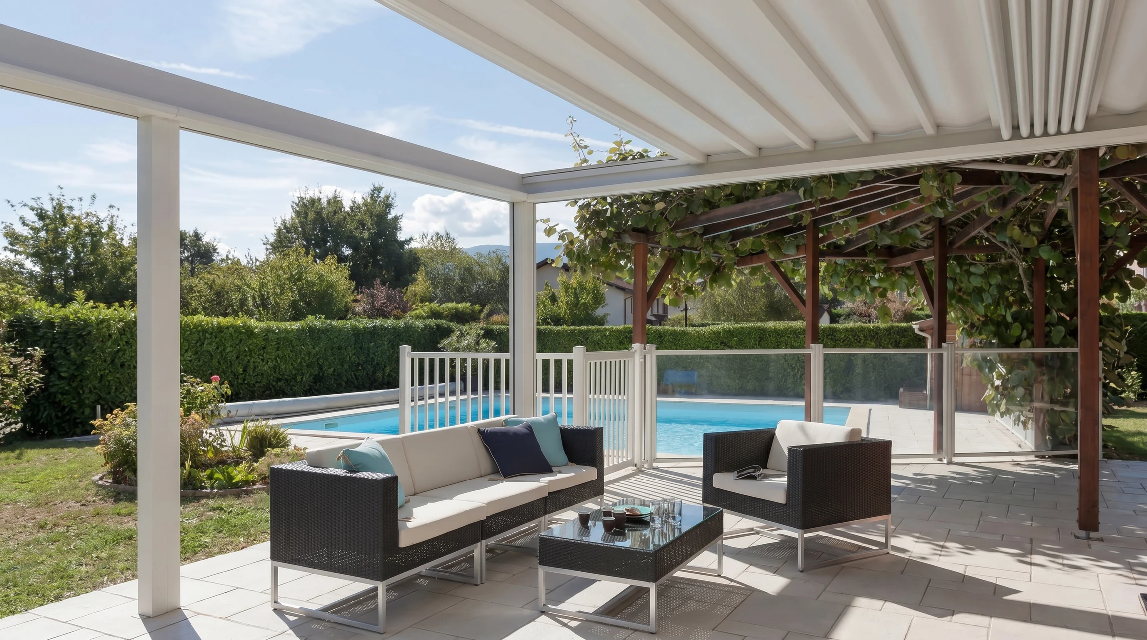 Extérieur jour, pergola moderne avec structure métallique grise et toile d'ombrage beige tendue