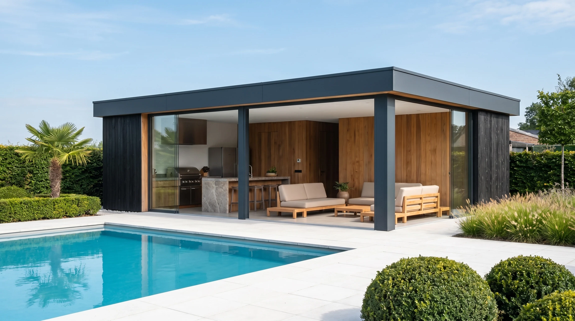 Zone de barbecue extérieure avec pergola, cheminée et chaise suspendue