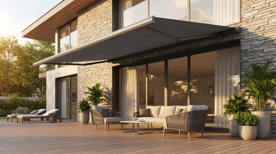 Gros plan ou vue d'ensemble d'un store banne blanc ou beige partiellement ou totalement rétracté dans son coffre aluminium gris anthracite intégré, visible de face sur une façade résidentielle ou une terrasse. Le coffre doit être clairement visible, montrant comment le mécanisme et la toile sont protégés à l'intérieur. La scène doit être photographiée en lumière naturelle, avec du ciel visible, pour illustrer la protection contre les éléments extérieurs.